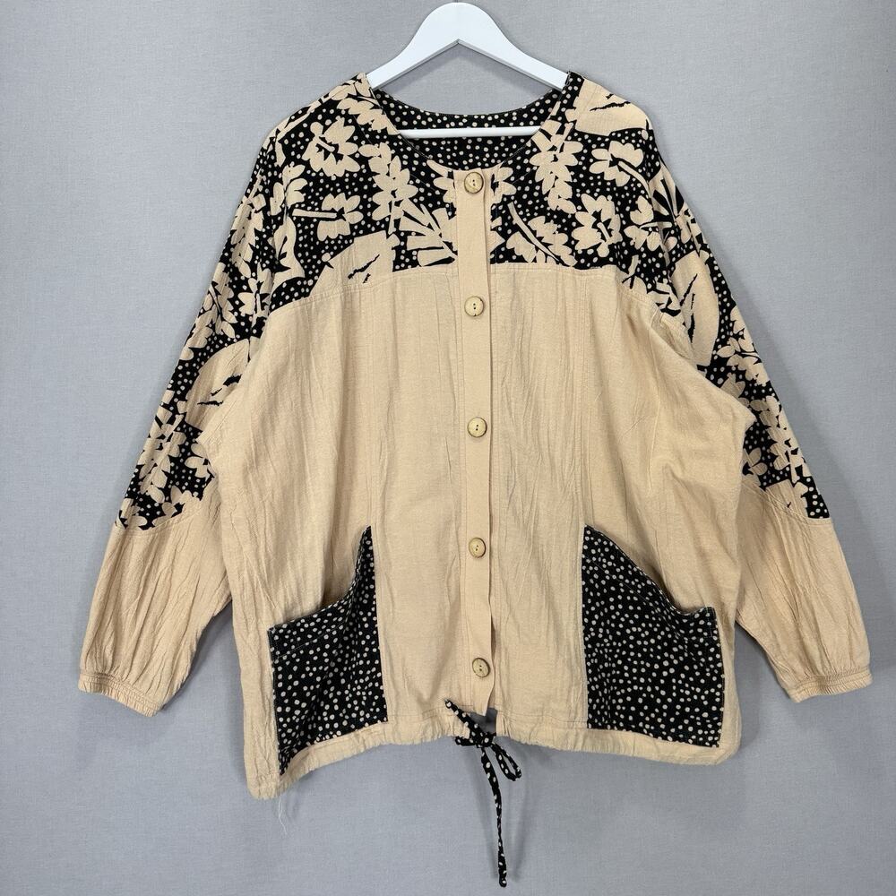Vintage Produce Company Jacket Womens 3X Beige Patchwork‎ Polka Dot Shacket Boho